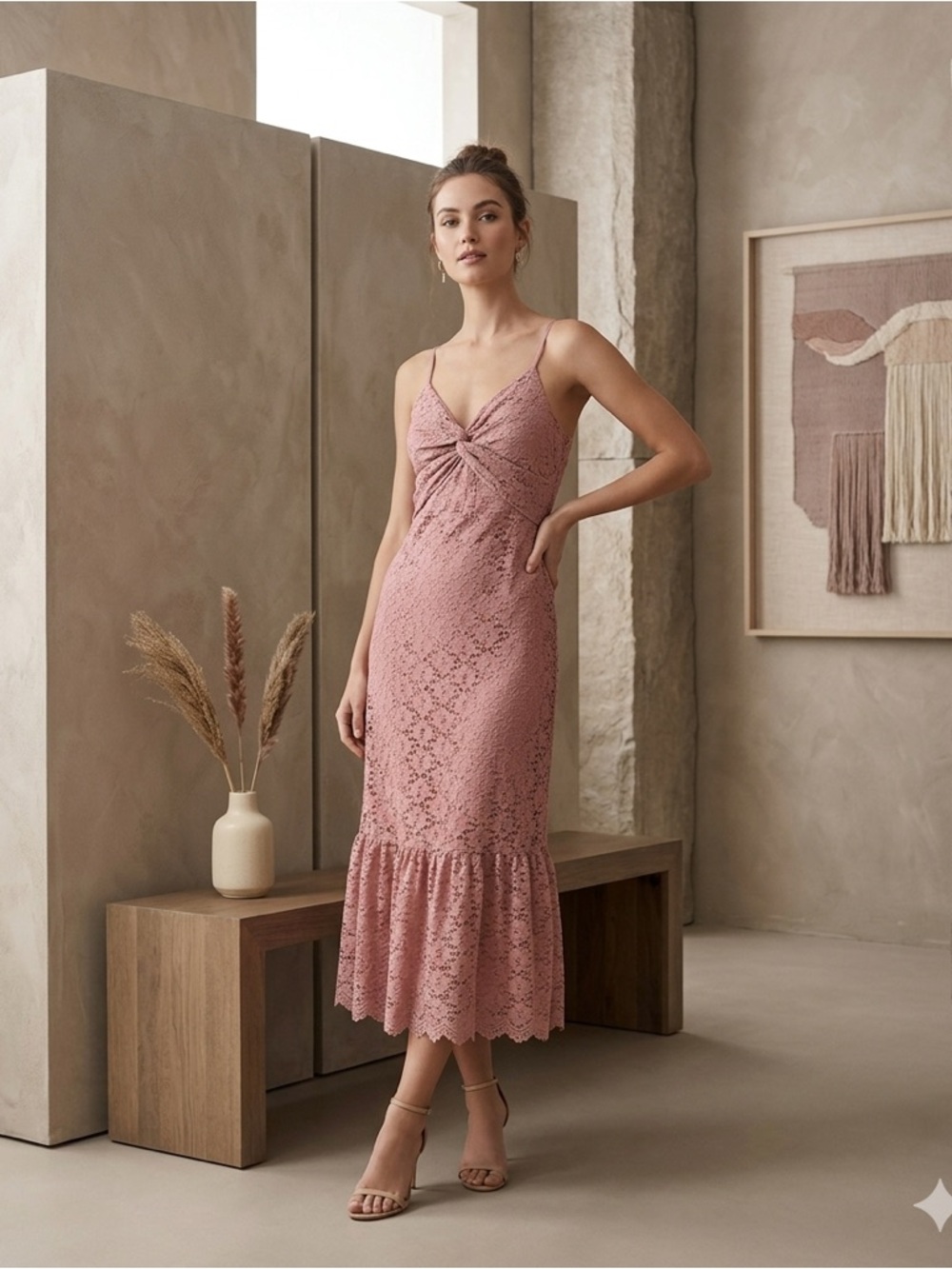 NSR Pink Floral Lace Midi Dress Twist Front Column Medium NWT